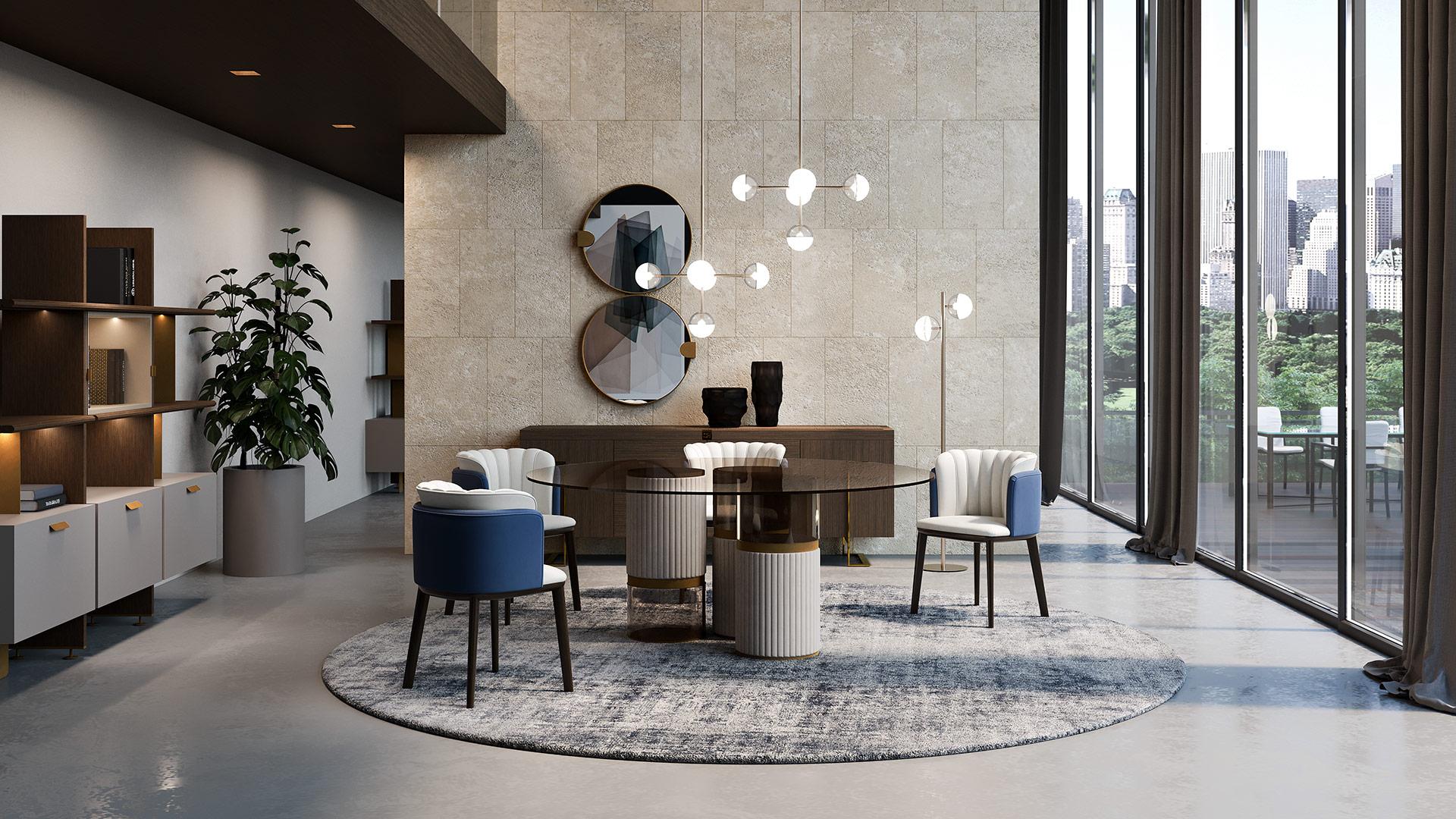Round table with glass bronzed top. The beautiful rounded glass top is perfect for a Contemporary and luxurious environment . The base are a combination of Vitroplex, to create a sense of lightness and leather that gives a sense of elegance and