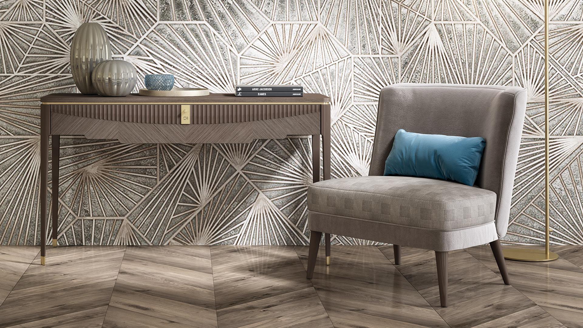 Console. The beautiful mix between natural walnut wood and golden galvanic metal details is perfect for a Contemporary and luxurious environment . The lacquered wave decor on the front gives a touch of style to the piece. On the inside, with its