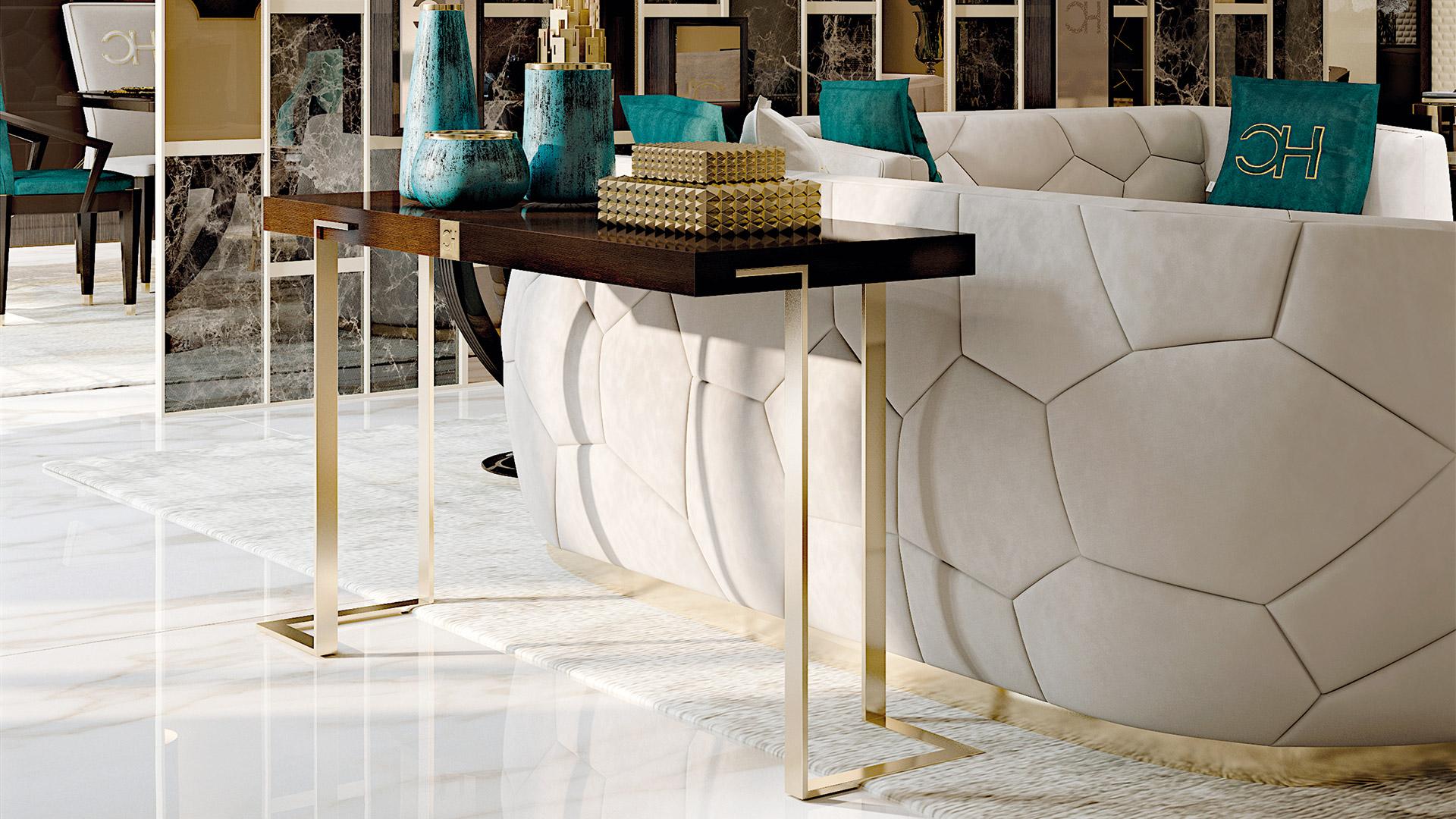 Console with metal legs. The beautiful mix between natural Walnut wood and golden galvanic metal details is perfect for a Contemporary and luxurious environment . The opposite verse combination of the veneer on the top gives a touch of style to the
