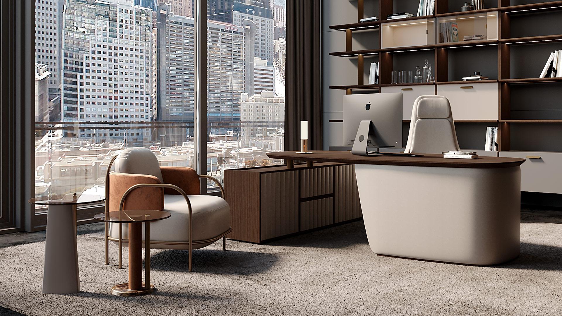 Small desk in Walnut Canaletto and leather base and inserts. The beautiful mix between natural Walnut wood and leather is perfect for a Contemporary and luxurious environment . The pebble shape of the top makes the desk more elegant thanks also to