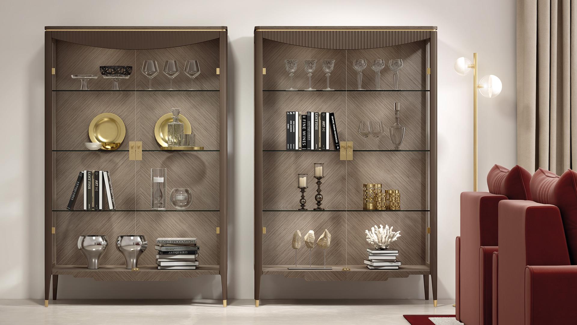 2 hinged doors glass cabinet. The beautiful mix between natural Walnut wood and golden galvanic metal details is perfect for a Contemporary and luxurious environment . The glass structure creates an incredible lightness feeling. The handles are