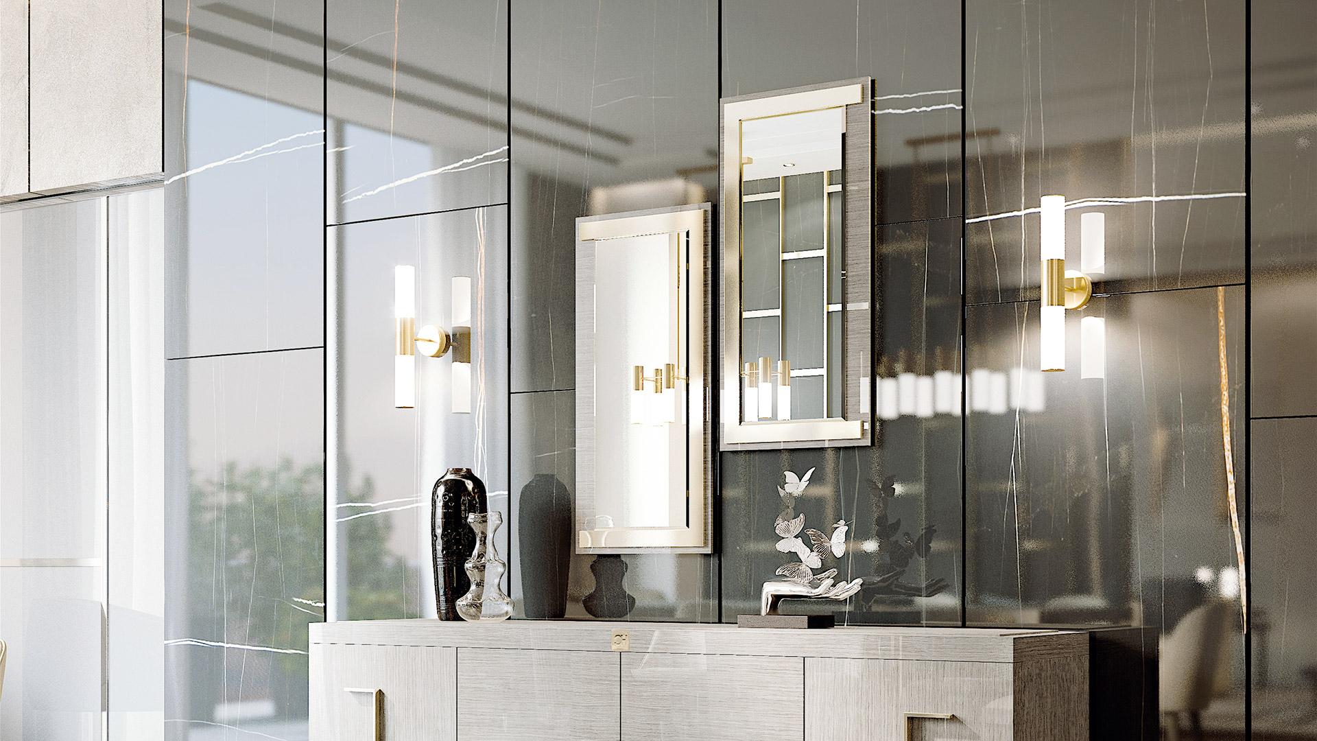 Specchio moderno. Il bellissimo mix tra il legno naturale Wood e i dettagli in metallo galvanico dorato è perfetto per un ambiente contemporaneo e lussuoso. La parte in metallo ricorda la 