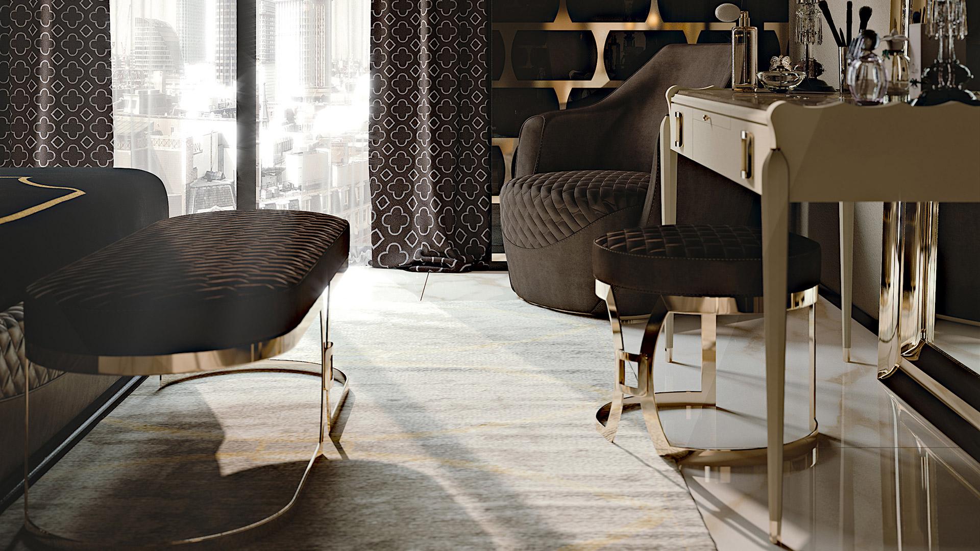 Pouff characterized by a golden finished metal base that gives a Modern and Contemporary feeling to the armchair.
A soft padding perfectly shaped enhances the comfort to create an unique piece thanks also to the vertical stitchings, making it more