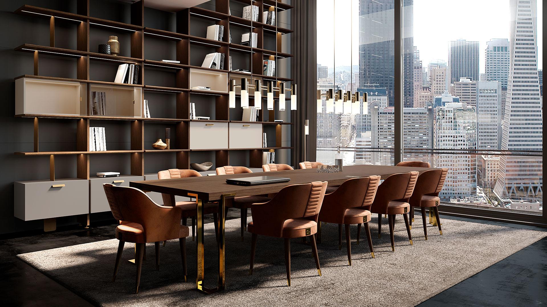 Fixed rectangular table with metal legs. The beautiful mix between natural Walnut wood and golden galvanic metal details is perfect for a Contemporary and luxurious environment . The opposite verse combination of the veneer on the top gives a touch