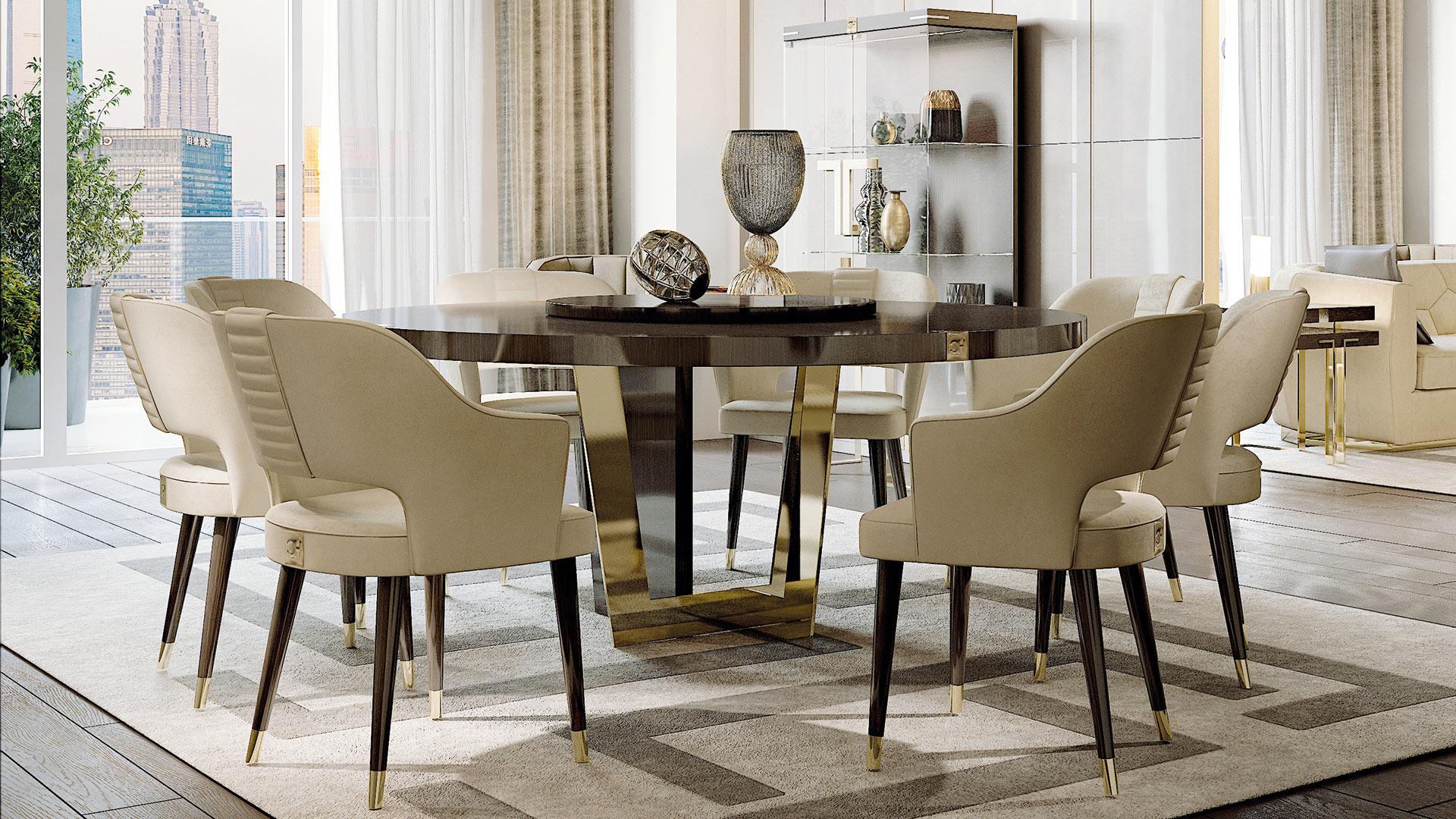 Round table with Lazy Susan and metal legs. The beautiful mix between natural Walnut wood and golden galvanic metal details is perfect for a Contemporary and luxurious environment. This mix is emphasized also by the base that makes it a true piece