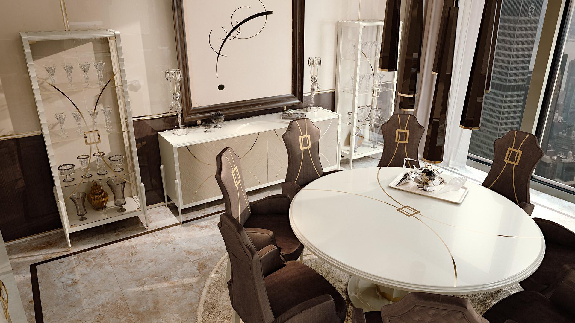Table ronde. La complexité de la base réalisée en bois plié fait de cette table une véritable œuvre d'art. Sur le plateau, le décor typique de la collection GLAMOUR créé par le carré et les deux arcs est appliqué, créant une sensation de luxe. La