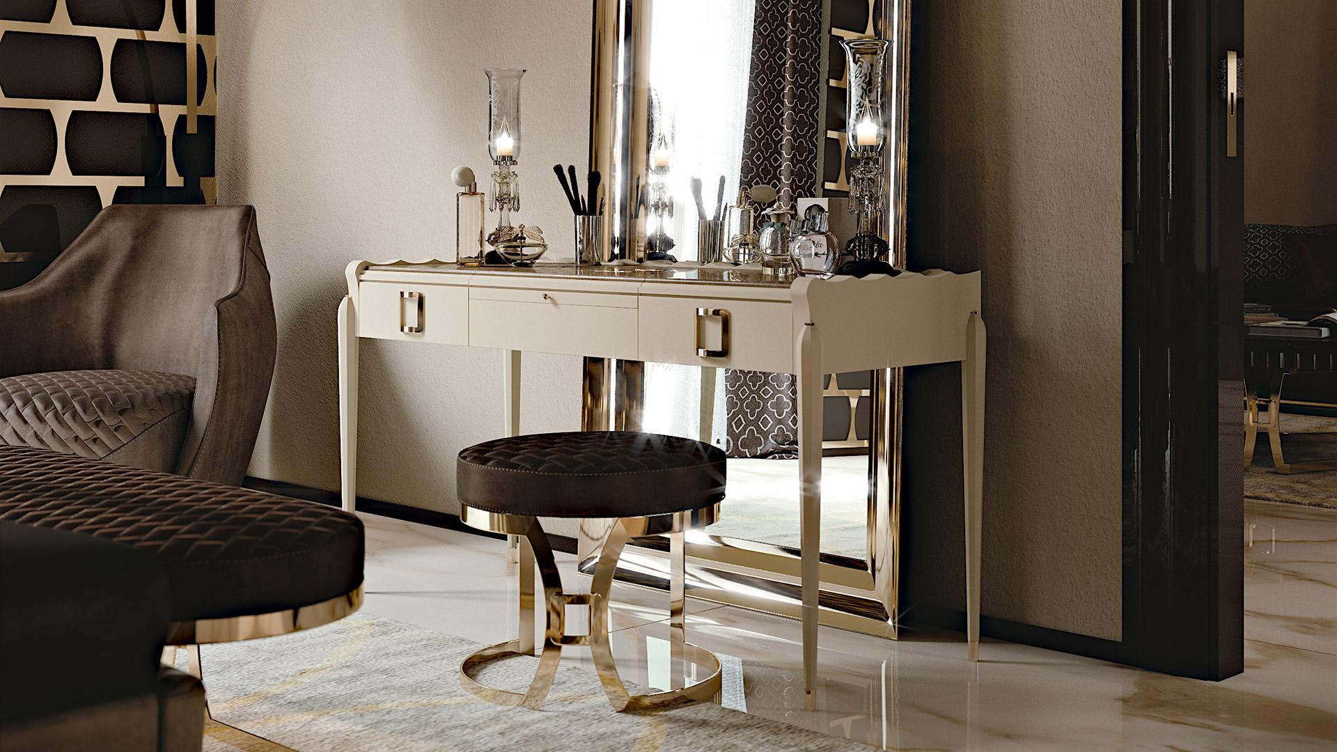 Toilette with two drawers and opening mirror. Characterized by squared metal golden handles and inside the opening top a beautiful upholstered jewelry holder to store your most precious items.
On the top a beautiful walnut veneer is placed to