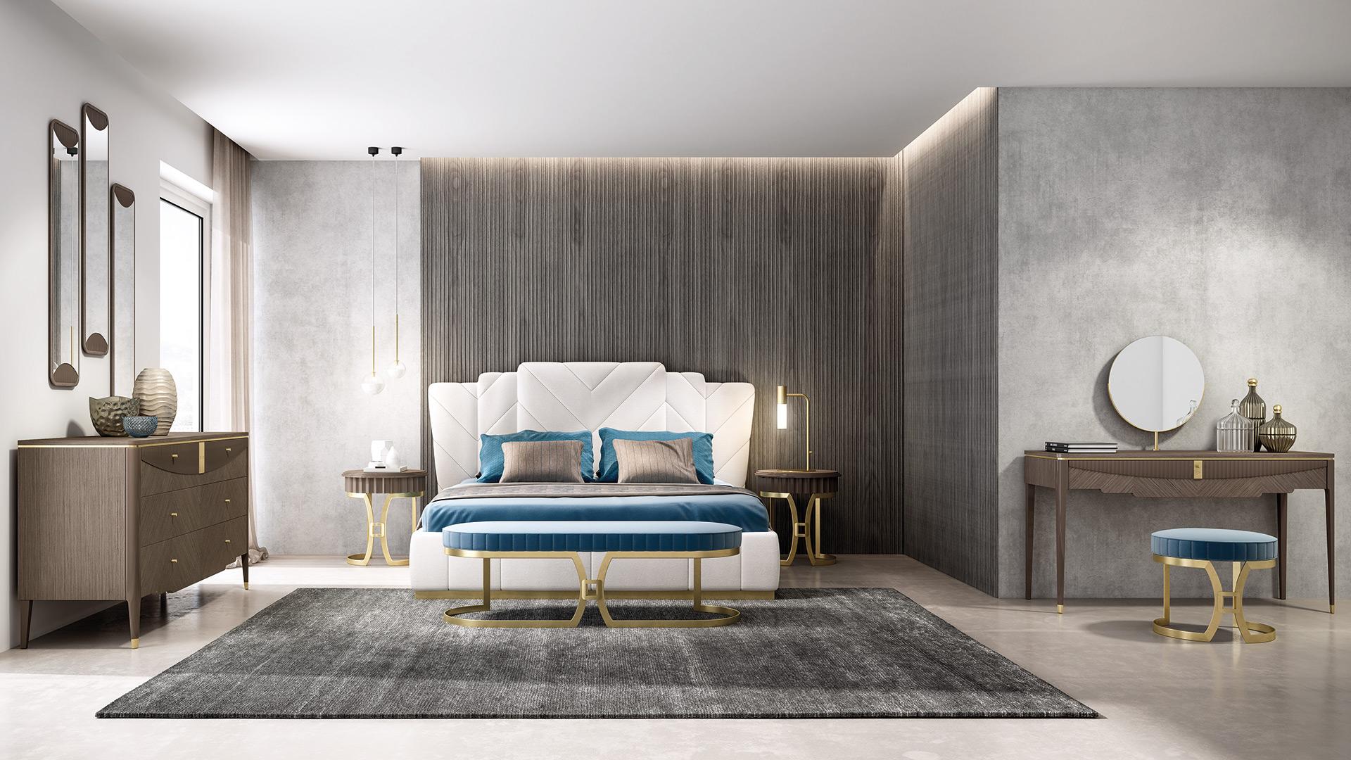Padded bed. Mattress measures 180 x 200cm. Characterized by beautiful headboard with diagonal stitchings.
The sommier is upholstered with a metal golden finished base and enriched by vertical stitchings on the front.
The upholstery is Econabuk