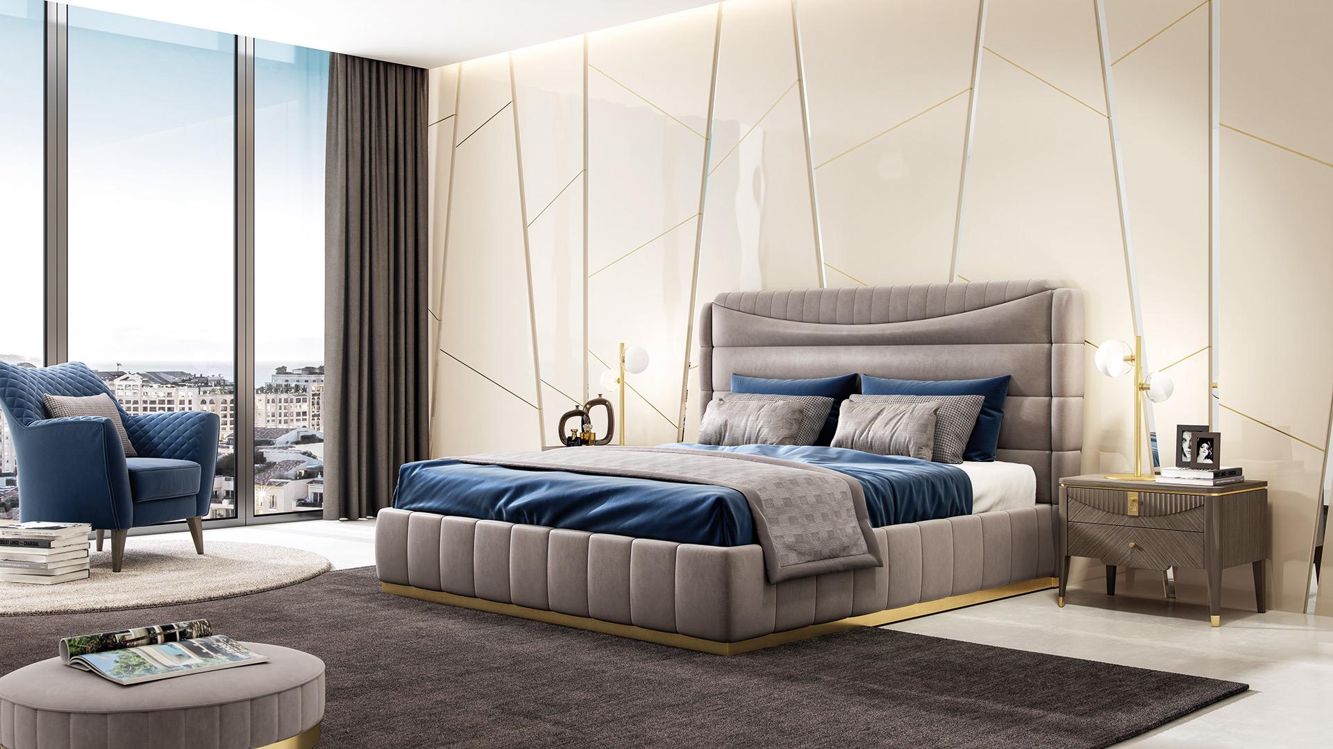Padded bed. Mattress measures 180 x 200cm. Characterized by beautiful headboard with horizontal stitchings.
The sommier is upholstered with a metal golden finished base and enriched by vertical stitchings all around.
The upholstery is Econabuk