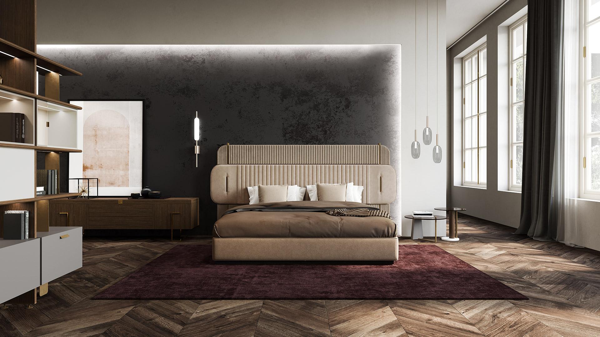 Padded bed. Mattress measures 180 x 200cm. Perfect for every luxury and Contemporary environment. Characterized by a beautiful satin brass metal details inserted in the upholstery of the headboard. Amazing pipe stitching create a sense of movement