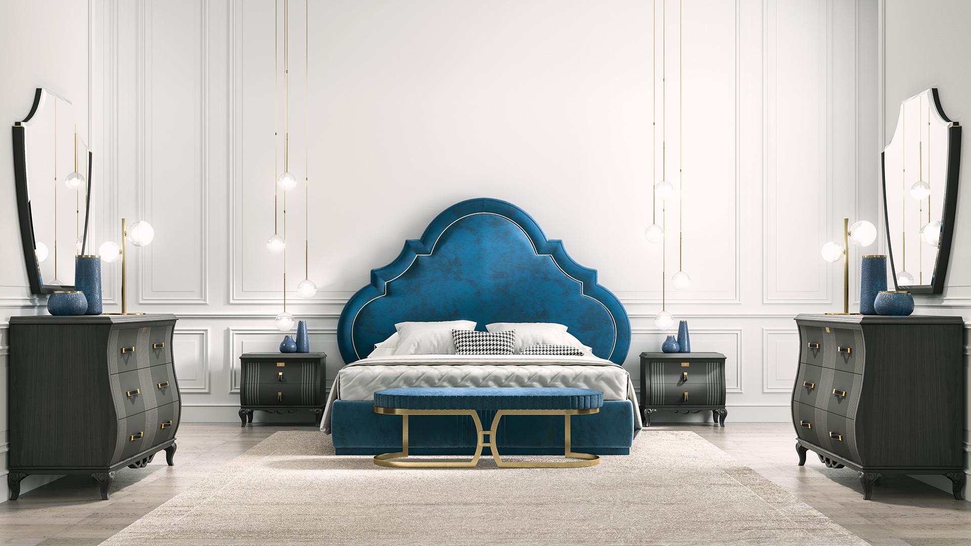 Cama acolchada. El colchón mide 180 x 200 cm. Se caracteriza por un bonito cabecero con diseño de trébol.
El somier está tapizado con una base metálica de acabado dorado y enriquecido con pespuntes verticales en la parte delantera.
La tapicería es