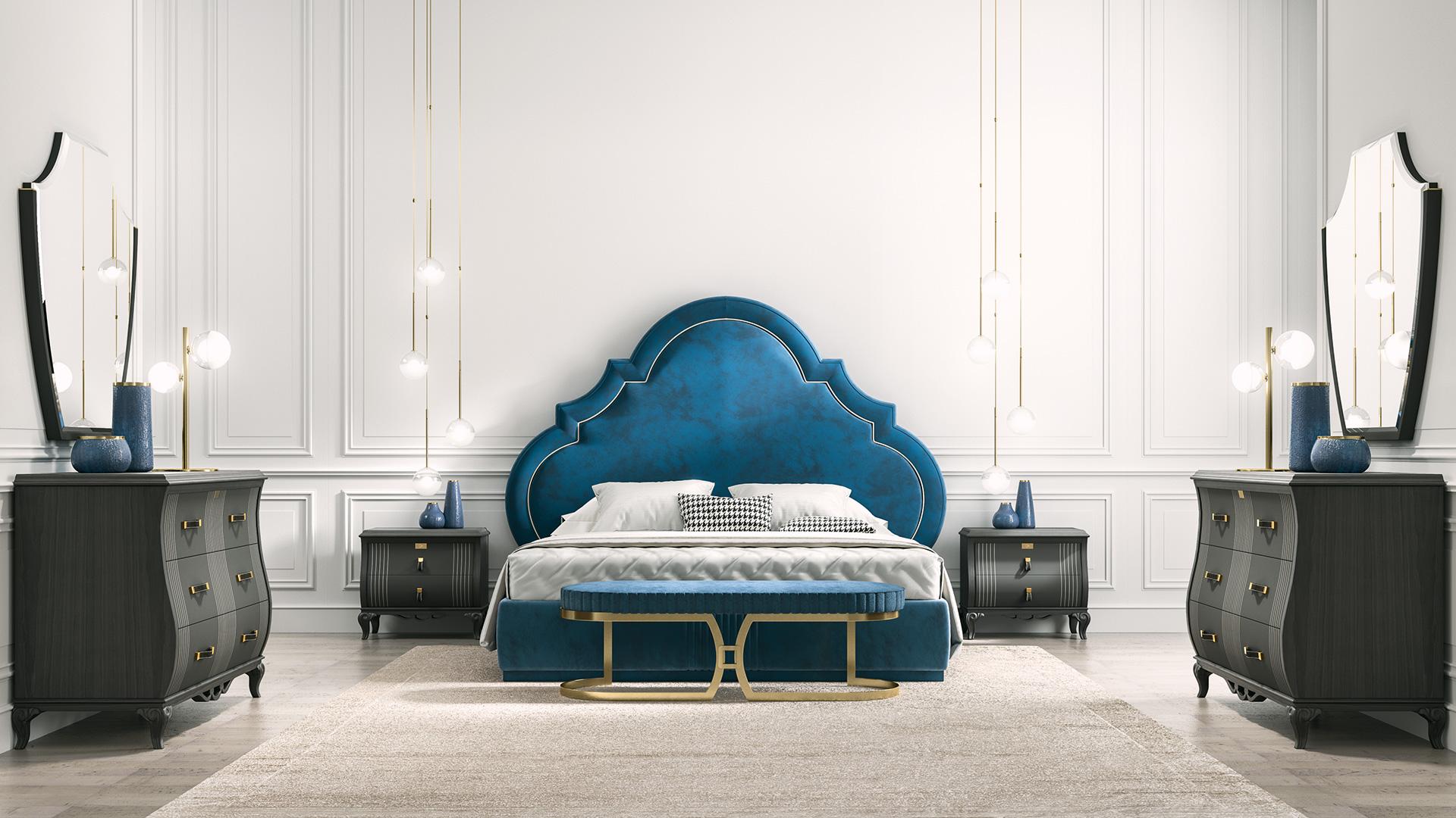 Padded bed. Mattress measures 180 x 200cm. Characterized by beautiful headboard with clover design.
The sommier is upholstered with a metal golden finished base and enriched by vertical stitchings on the front.
The upholstery is Econabuk 9069 cat.