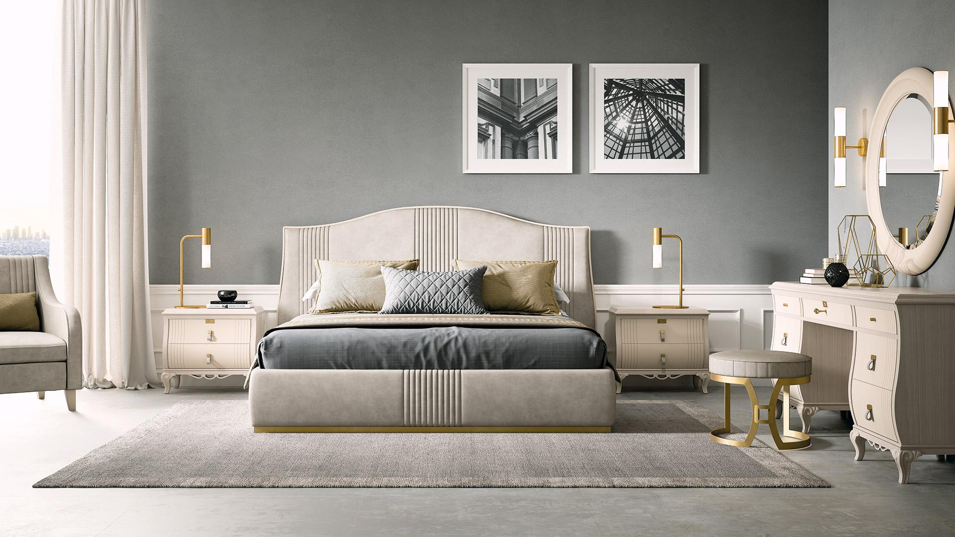 Padded bed. Mattress measures 180 x 200cm. Characterized by beautiful headboard with curved design and vertical pipeline stitching.
The sommier is upholstered with a metal golden finished base and enriched by vertical stitchings on the front.
The