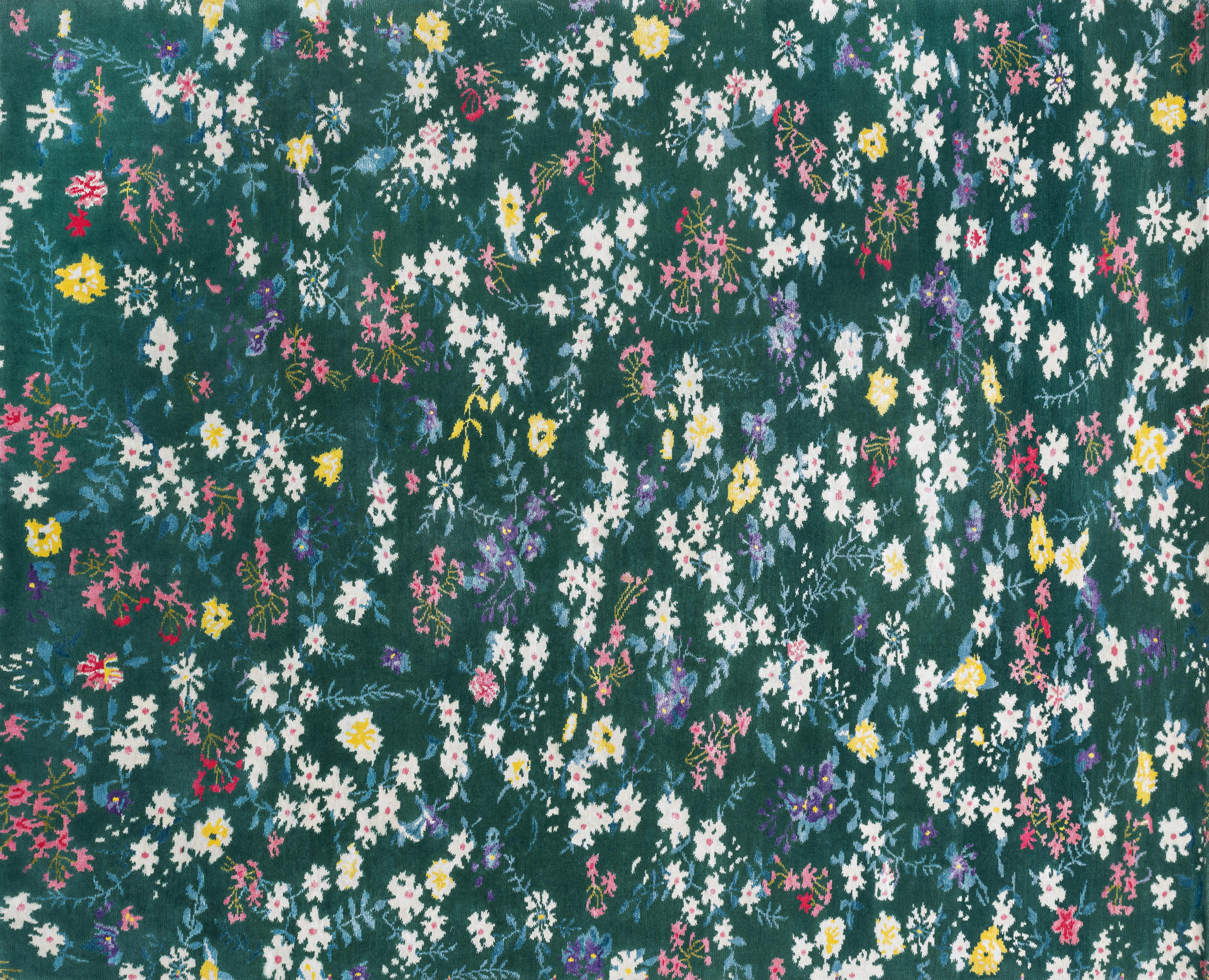 Hand-Knotted 21st Century Carpet Rug Chloé in Himalayan Wool and Silk, Flowers For Sale