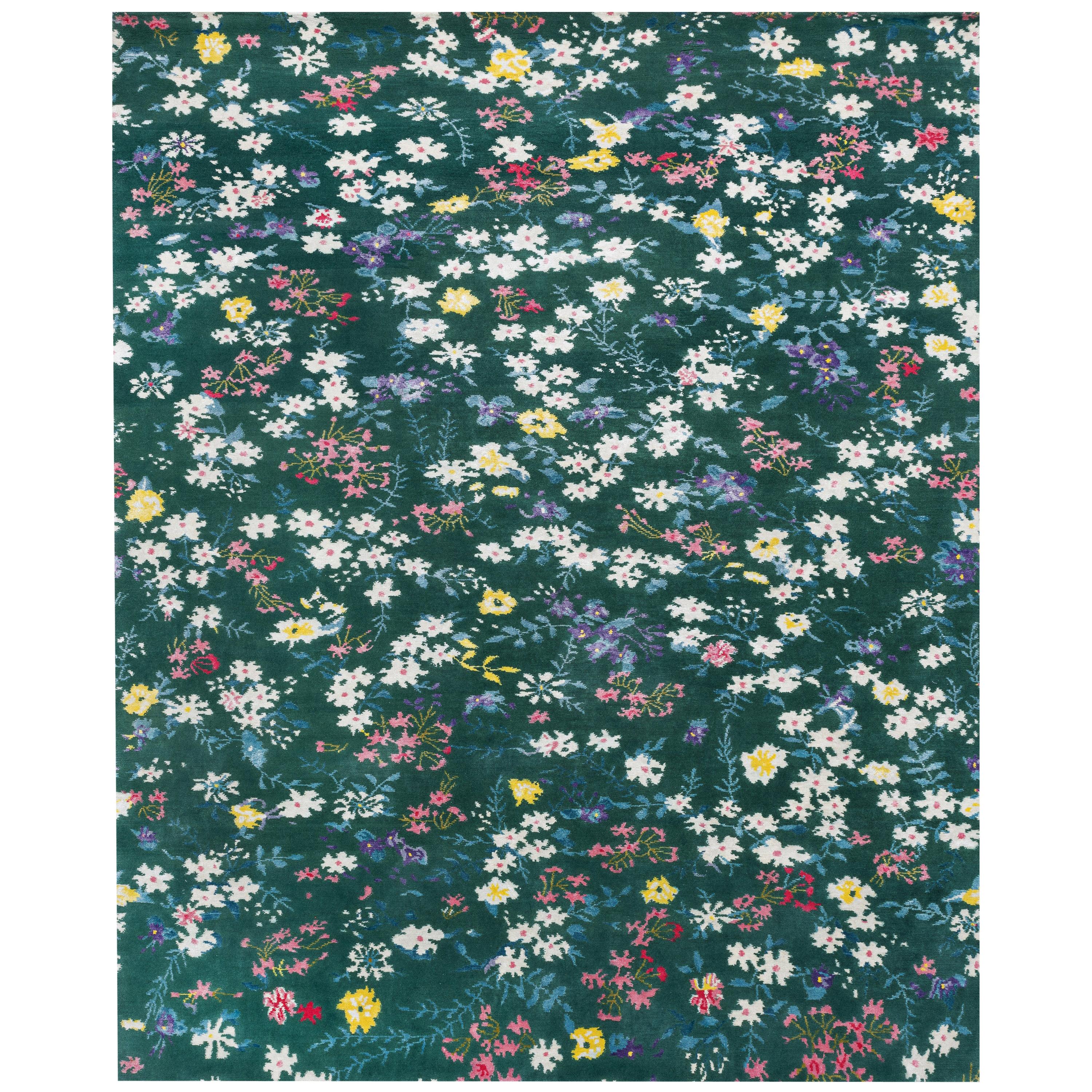 21st Century Carpet Rug Chloé in Himalayan Wool and Silk, Flowers
