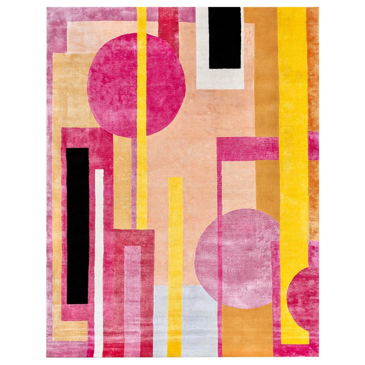 21st Century Carpet Rug Deko in Himalayan Wool and Silk Pink, Orange, Yellow For Sale