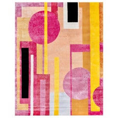 Tapis Deko du 21e siècle en laine et soie de l'Himalaya rose, orange, jaune