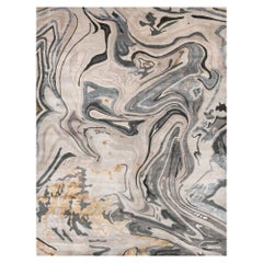 Tapis du 21e siècle en laine et soie de l'Himalaya beige, blanc, gris, or