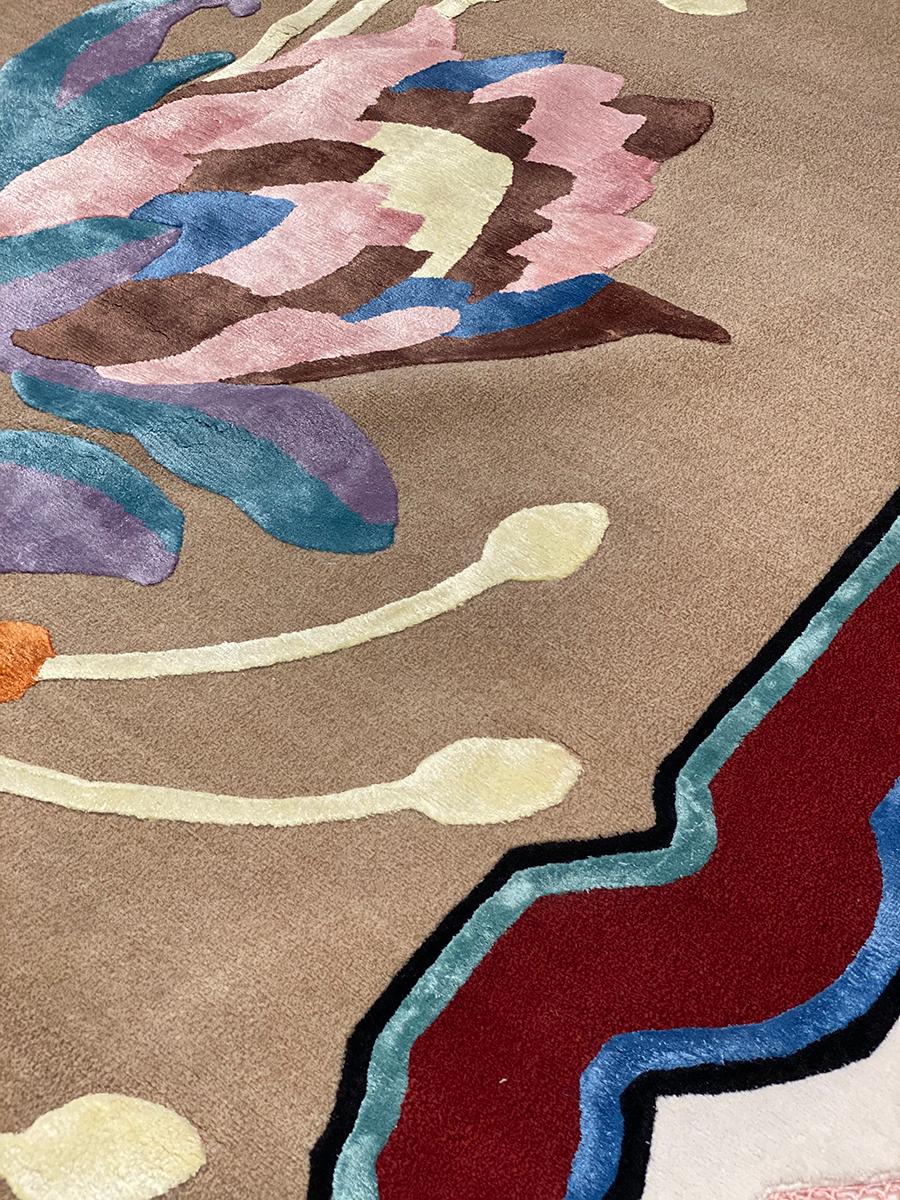 Modern 21st Century Carpet Rug Eclectic Florem Vol II Wool and Silk, Pink, Red, Beige