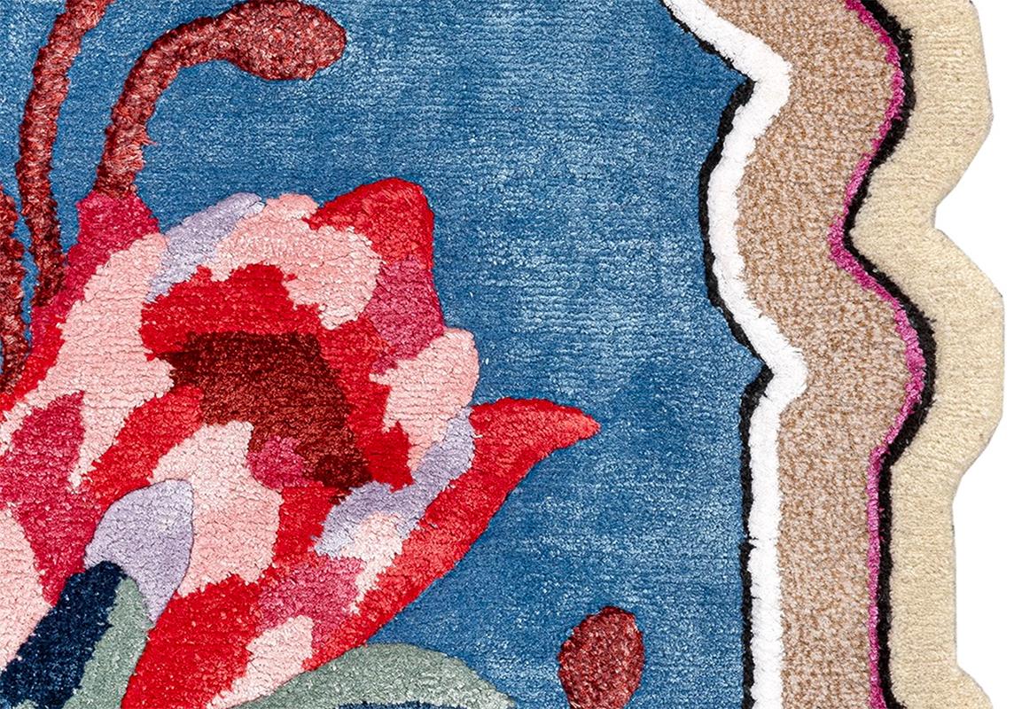 Modern 21st Century Carpet Rug Eclectit Florem  Wool and Beige, Pink, Blue For Sale
