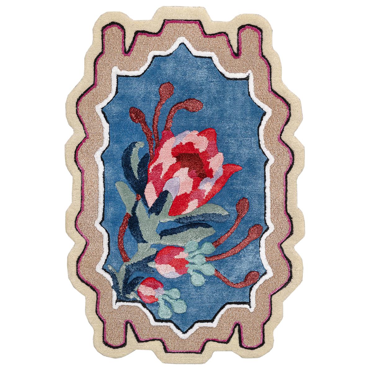 Teppich im 21. Jahrhundert mit Eclectit-Blumenmuster  Wolle und Beige, Rosa, Blau