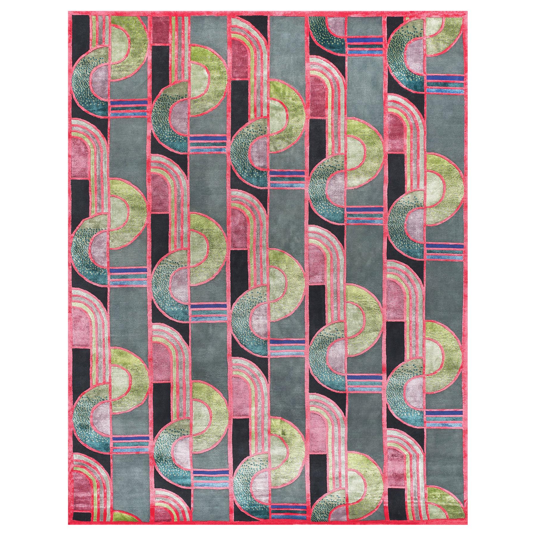 21st Century Carpet Rug Roy I in Himalayan Wool and Silk Pink, Green For Sale