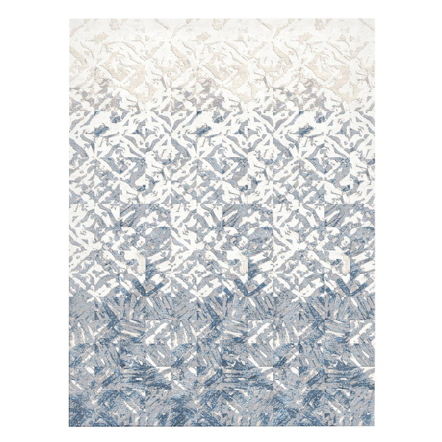 tapis du 21e siècle Shibori par J&V en laine et soie de l'Himalaya Blanc:: bleu