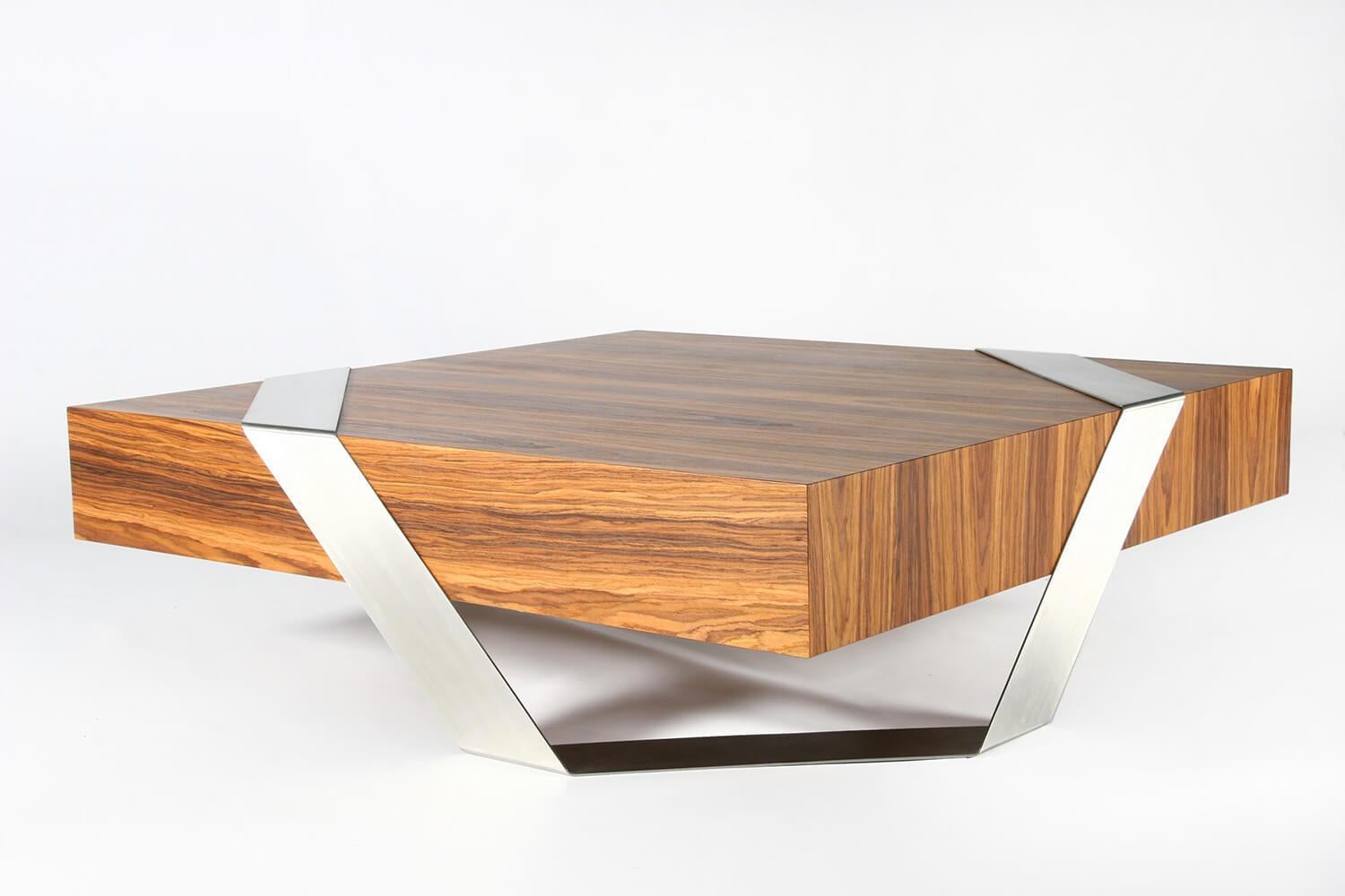 Modern Minimalist Square Center Coffee Table Ironwood Brushed Stainless Steel 2
