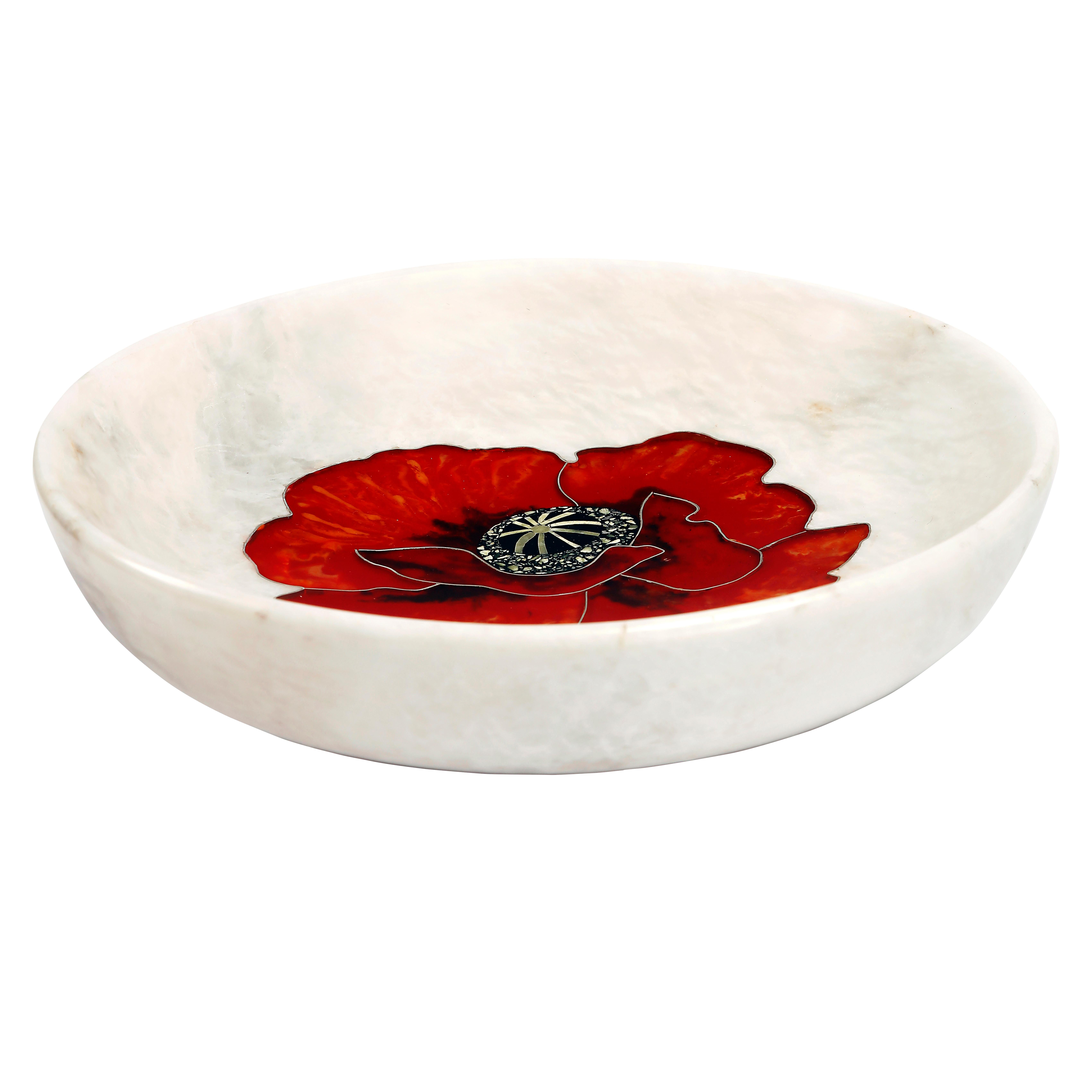 Post-Modern 21st Century Centrepiece Bowl Marble Serpentine Resin Semi Precious Inlay White  For Sale