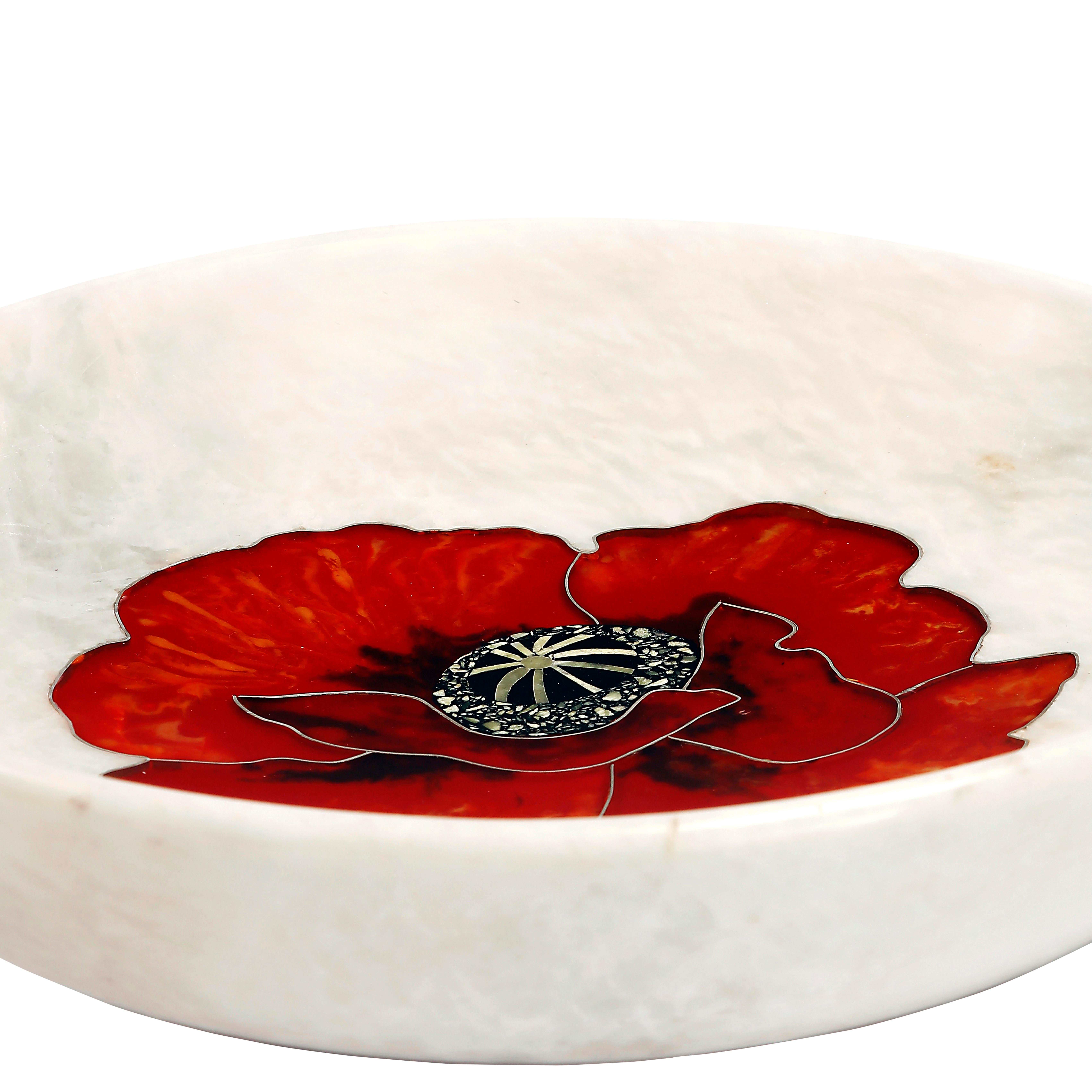 Pakistani 21st Century Centrepiece Bowl Marble Serpentine Resin Semi Precious Inlay White  For Sale