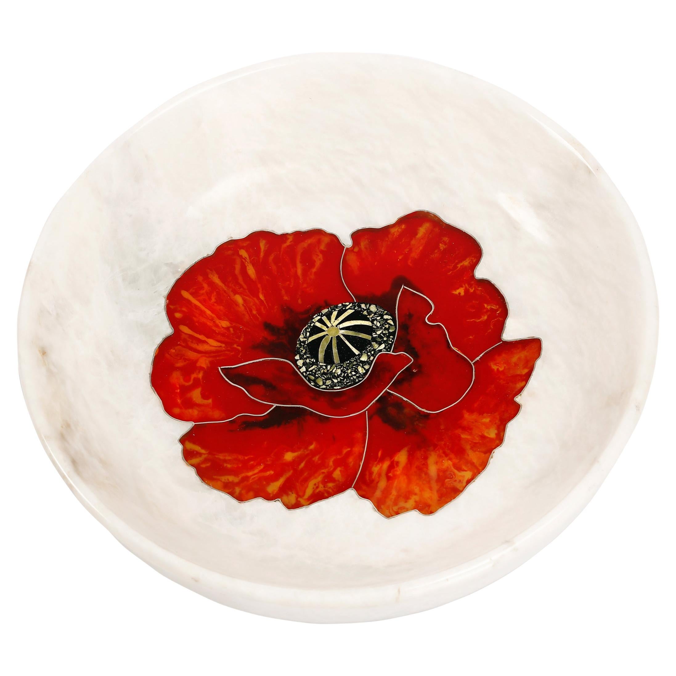 21st Century Centrepiece Bowl Marble Serpentine Resin Semi Precious Inlay White  For Sale
