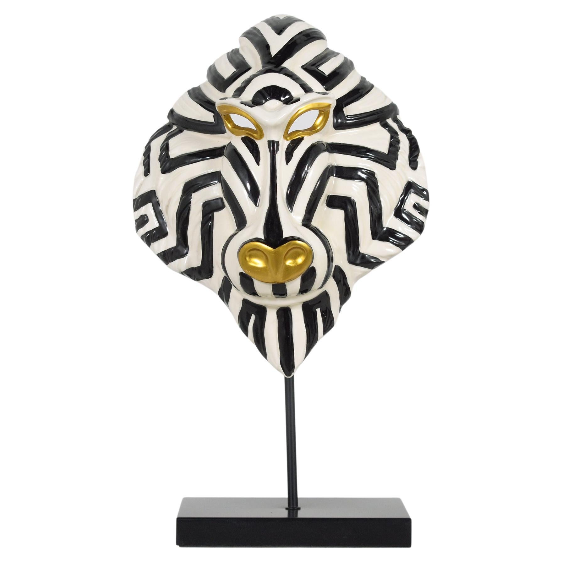 21st-Century Hand-Crafted Mandrill Mask in Ceramic with Gilded Accents
