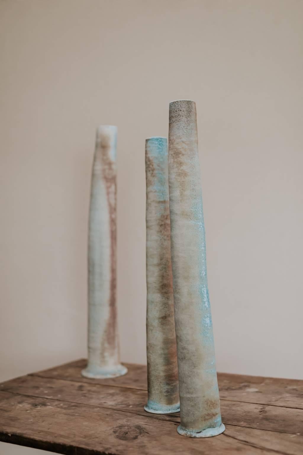 Jack Doherty born 1948, Coleraine, is a Northern Irish studio potter and author.
Totally in love with his work, these ceramic vases have great character and lovely color.
Three different sizes: 83/13, 78/13 and 89/18 cm.