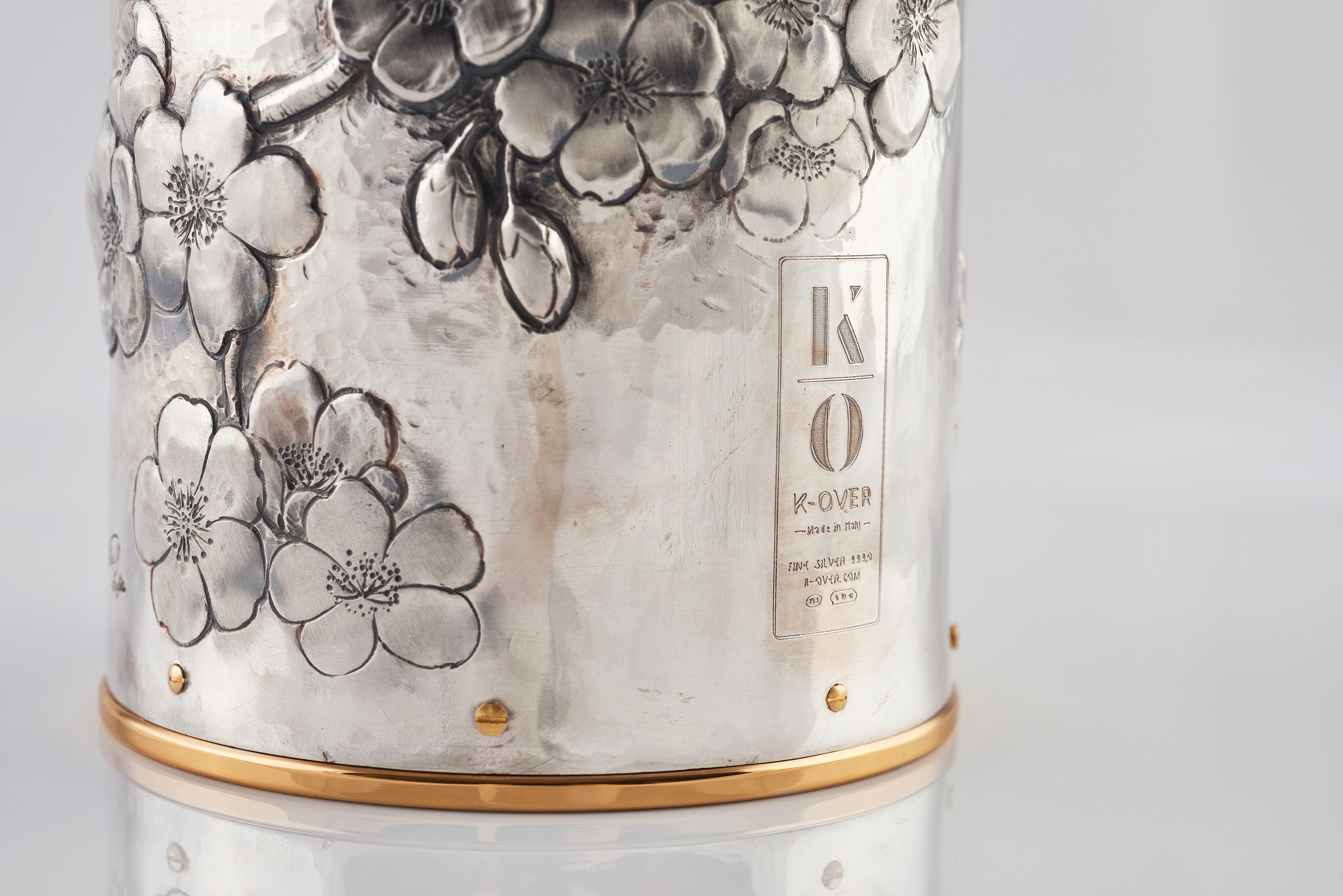 Champagnerfarbener Deckel, massives reines Silber, Kirschblüten, 2019, Italien im Angebot 10