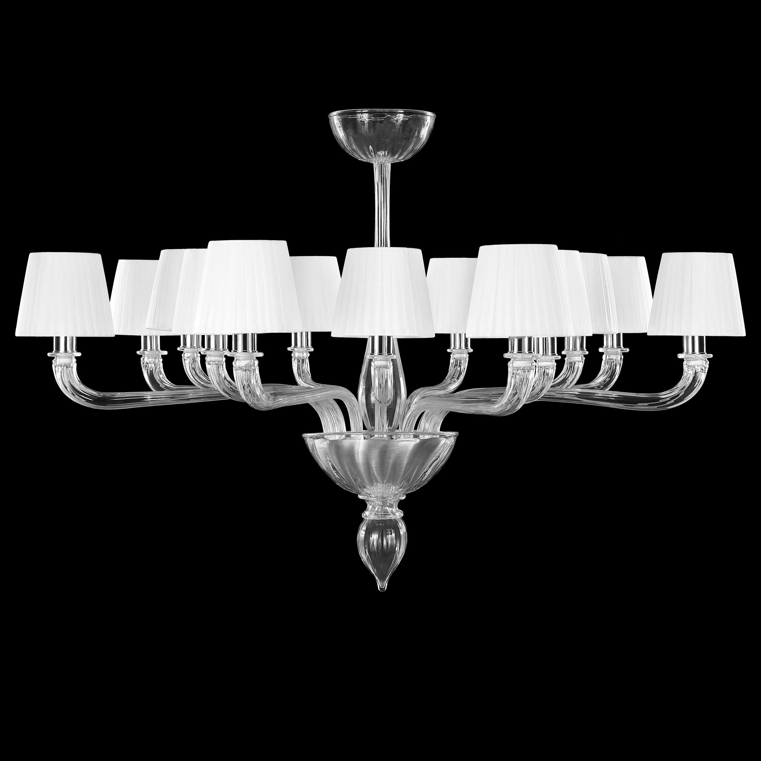 Coco chandelier 14 lights artistic clear Murano glass, white organza lampshades by Multiforme.
The glass chandeliers Coco collection takes inspiration from Coco Chanel, the revolutionary woman that has changed the fashion industry during the