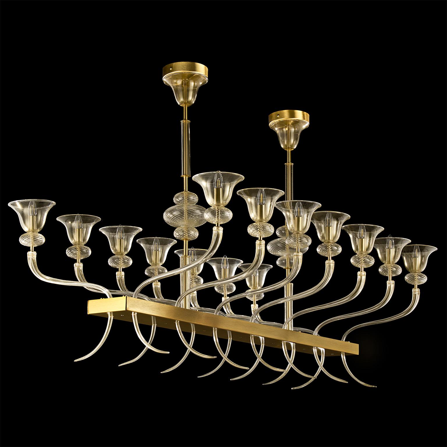 Contemporary 21st Century Chandelier 14 Arms Gold Murano Glass, Brushed Fixture by Multiforme For Sale