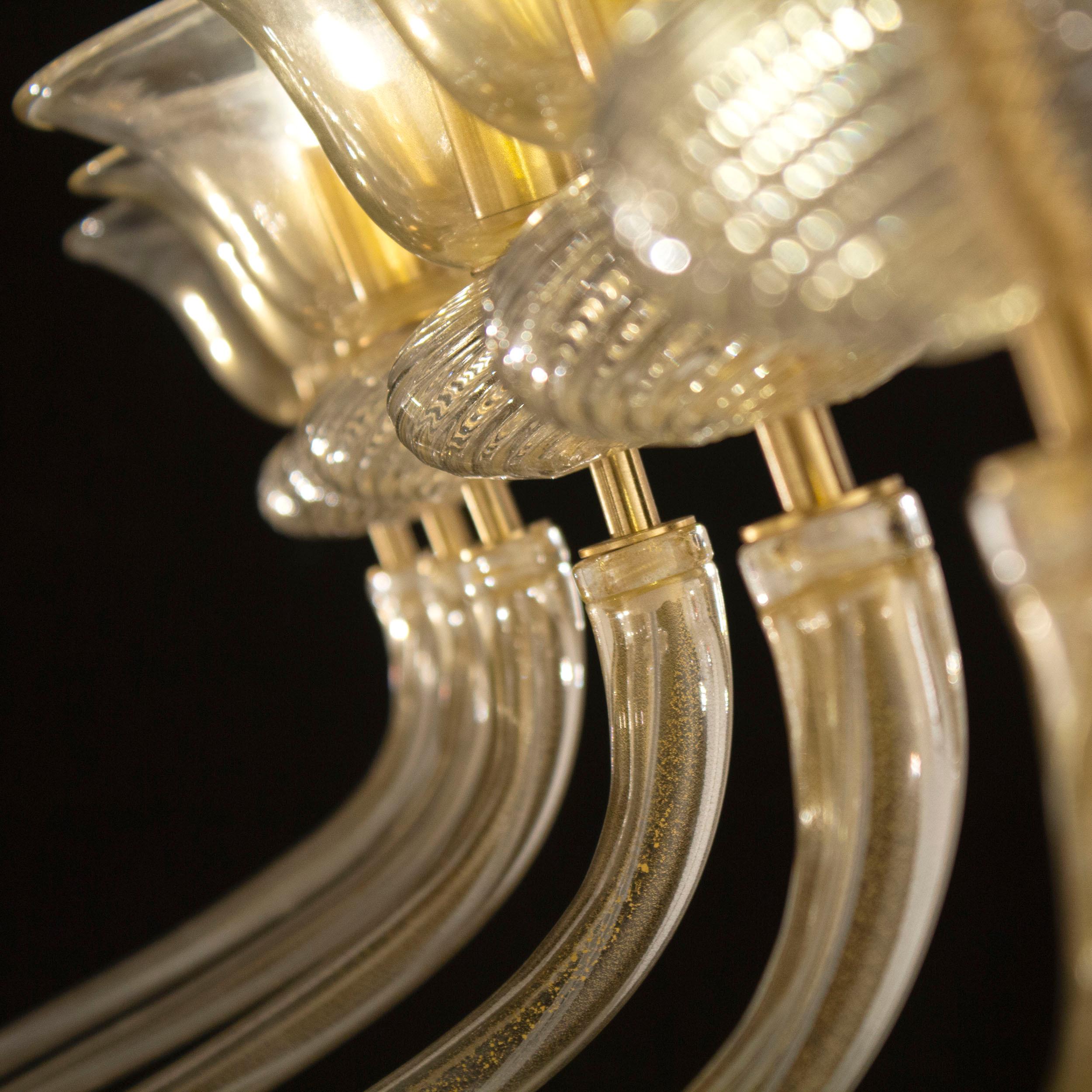 21st Century Chandelier 14 Arms Gold Murano Glass, Brushed Fixture by Multiforme For Sale 1
