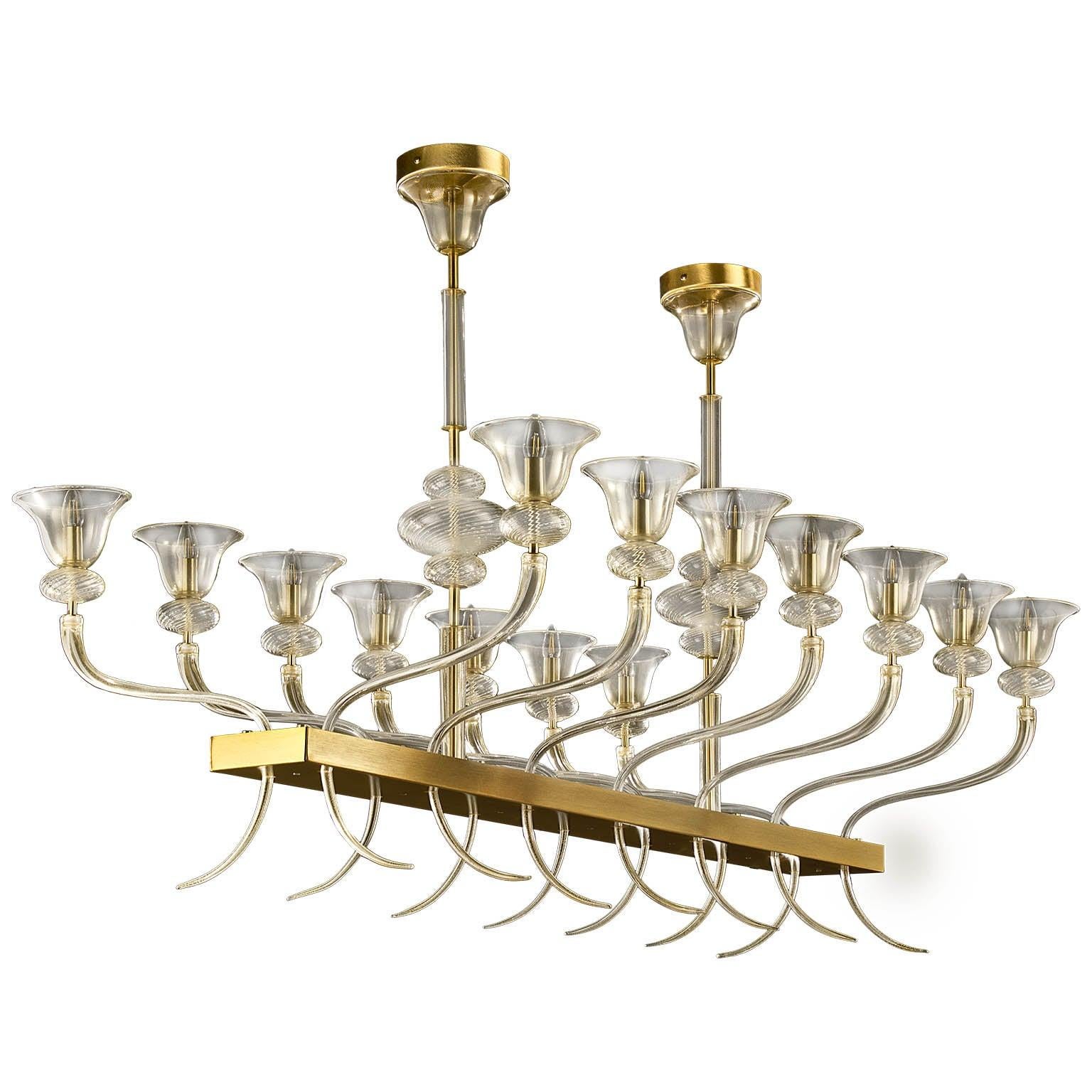 21st Century Chandelier 14 Arms Gold Murano Glass, Brushed Fixture by Multiforme For Sale