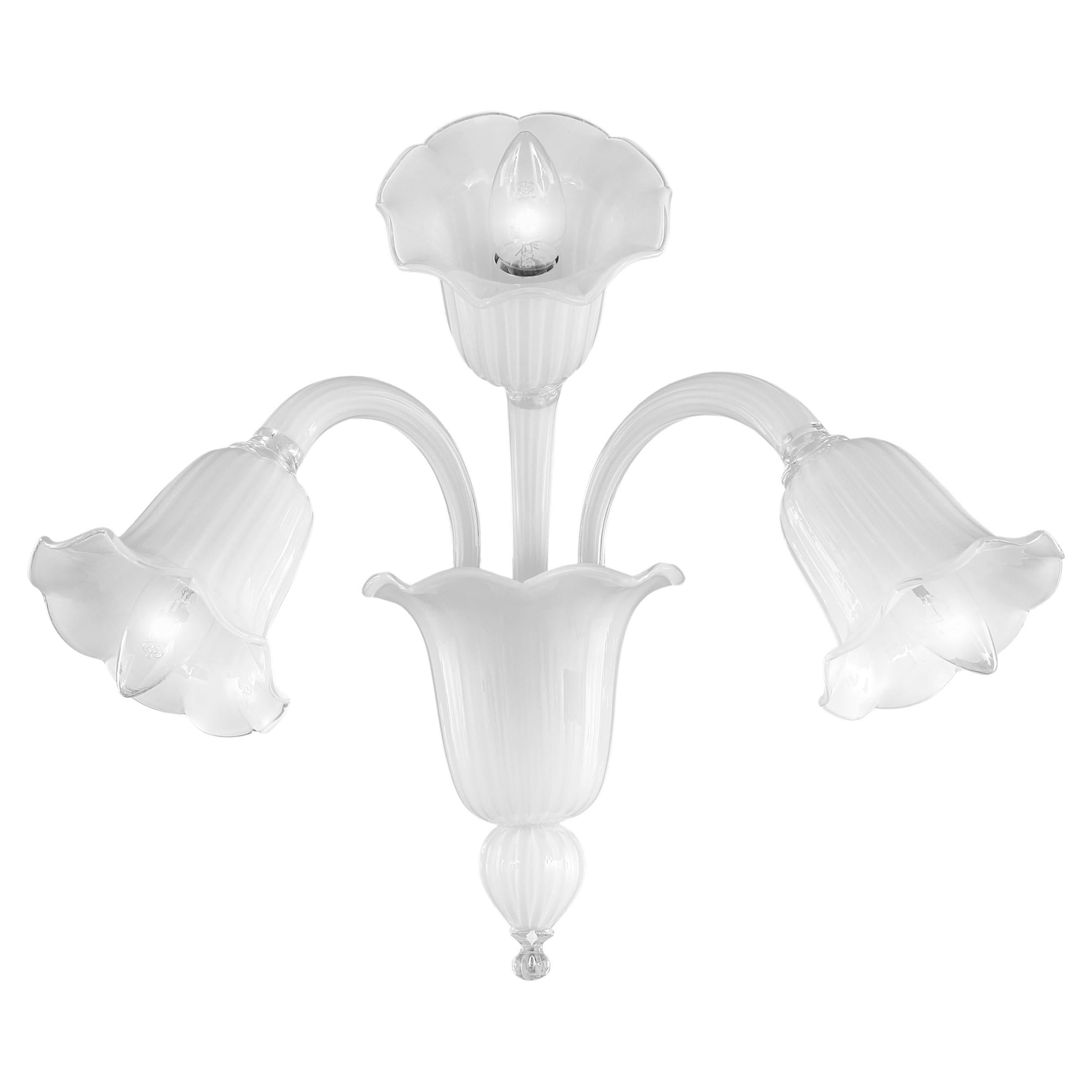 21st Century Chandelier 3 Lights, White Murano Glass by Multiforme in stock For Sale