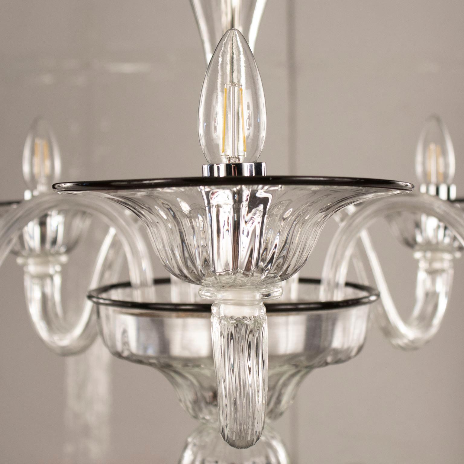 Other 21st Century Chandelier, 5 Arms Crystal Murano Glass Black Details by Multiforme For Sale