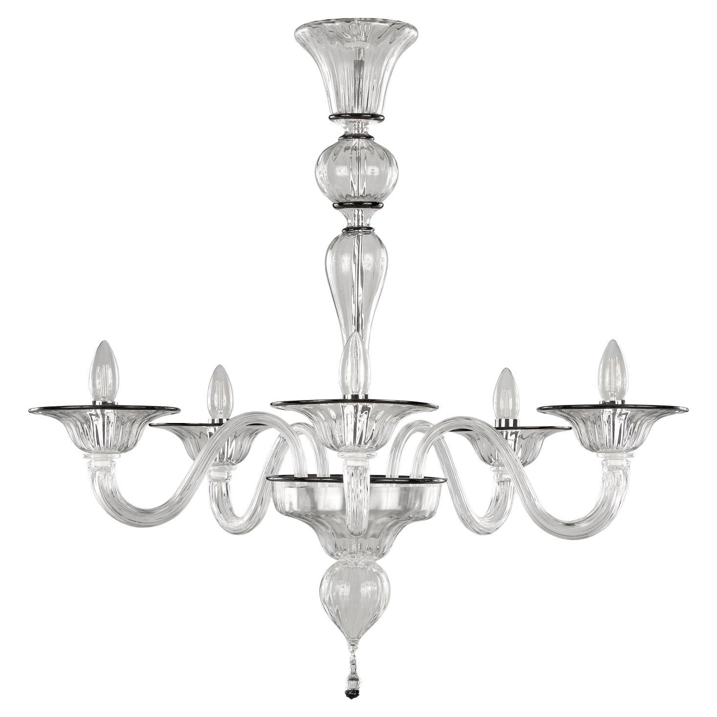21st Century Chandelier, 5 Arms Crystal Murano Glass Black Details by Multiforme