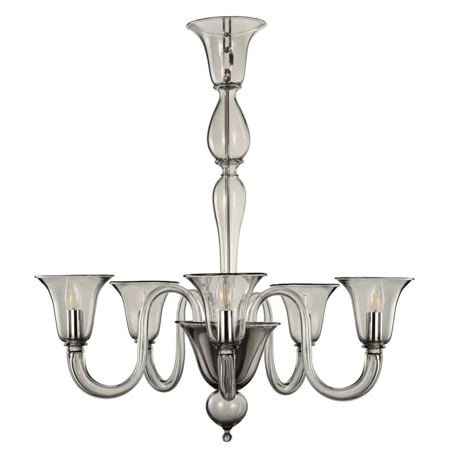 21st Century Chandelier 5 Arms, Grey Smooth Murano Glass by Multiforme For Sale