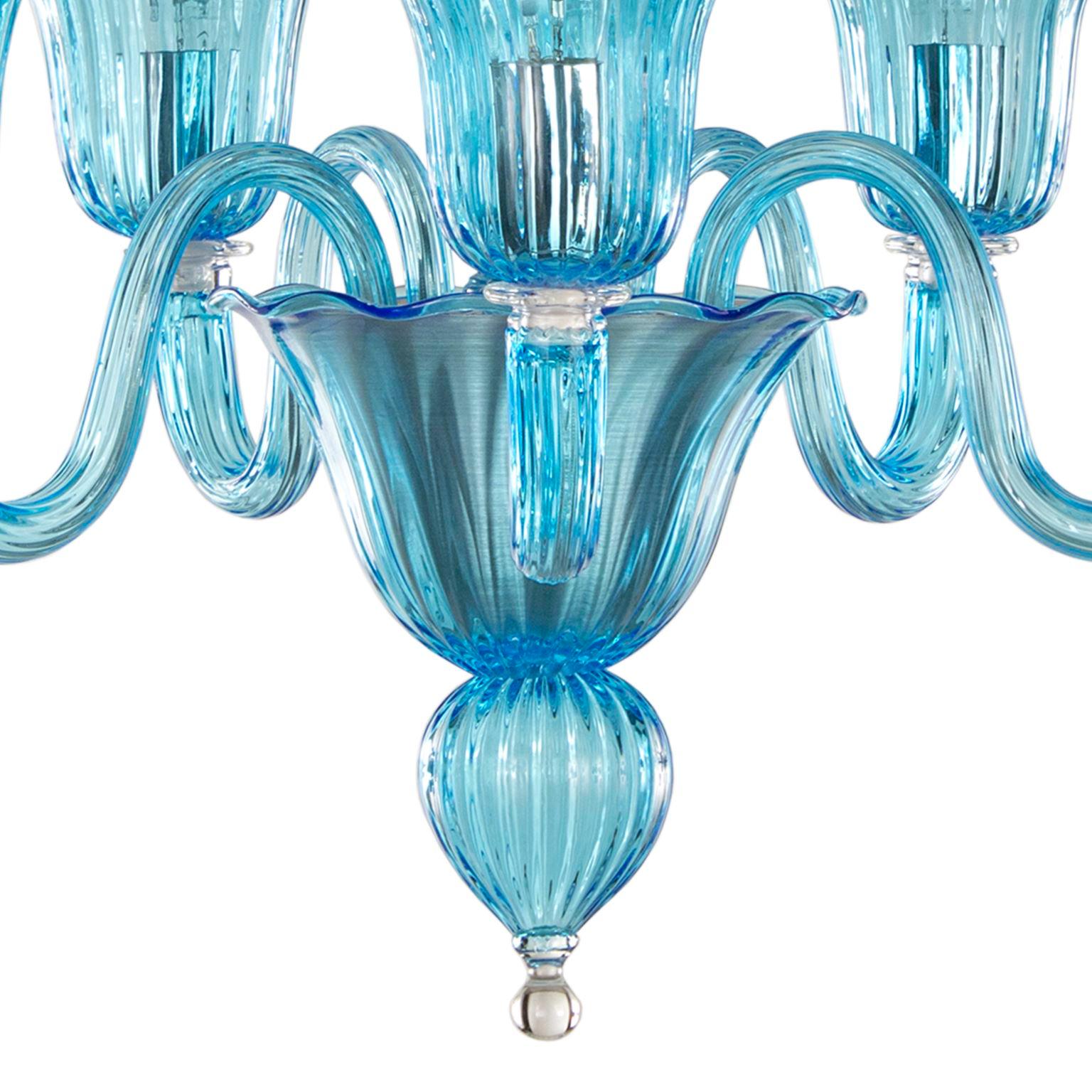 Italian 21st Century Chandelier 5 Arms, Rigadin Aquamarine Murano Glass by Multiforme For Sale