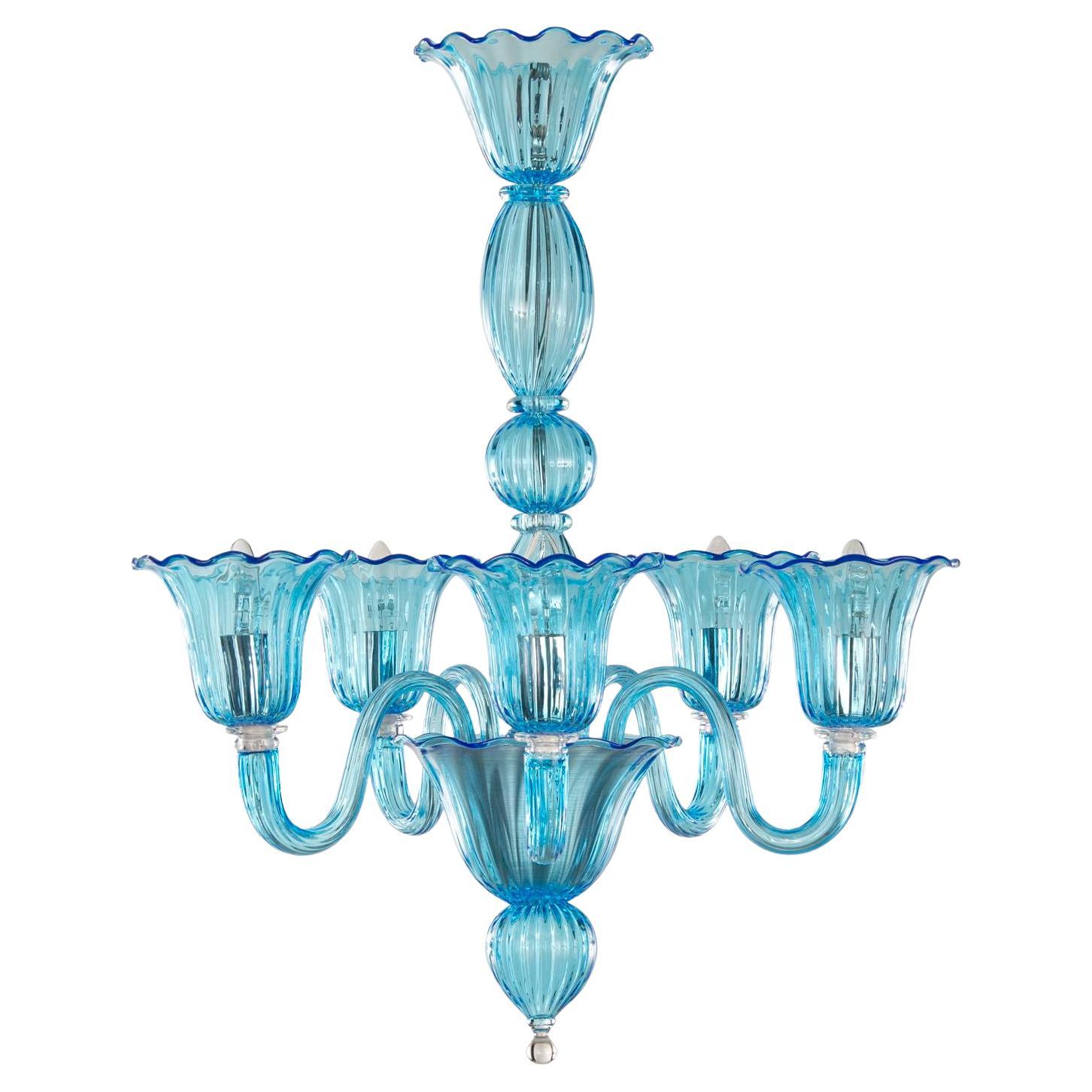 21st Century Chandelier 5 Arms, Rigadin Aquamarine Murano Glass by Multiforme For Sale