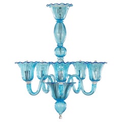 21st Century Chandelier 5 Arms, Rigadin Aquamarine Murano Glass by Multiforme