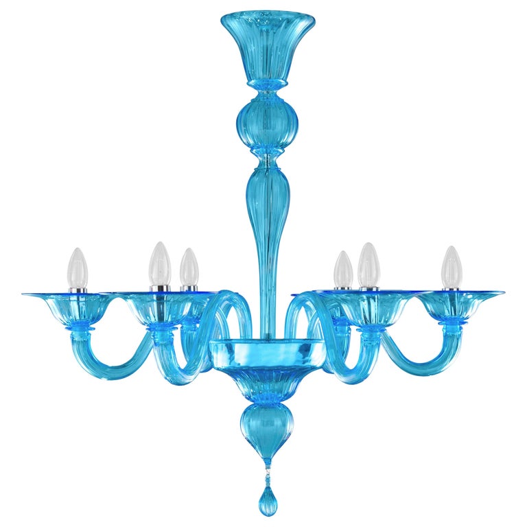21st Century Chandelier, 6 Arms Ocean Blue Murano Glass by Multiforme For Sale