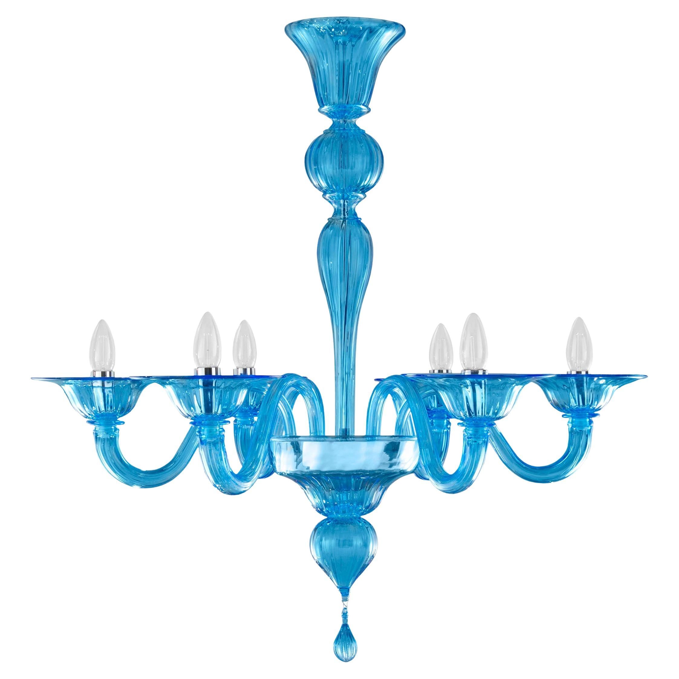 Lustre du 21e siècle, 6 bras en verre de Murano bleu océan par Multiforme