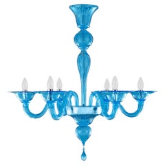 Lampadario del XXI secolo, 6 bracci in vetro di Murano blu oceano di Multiforme