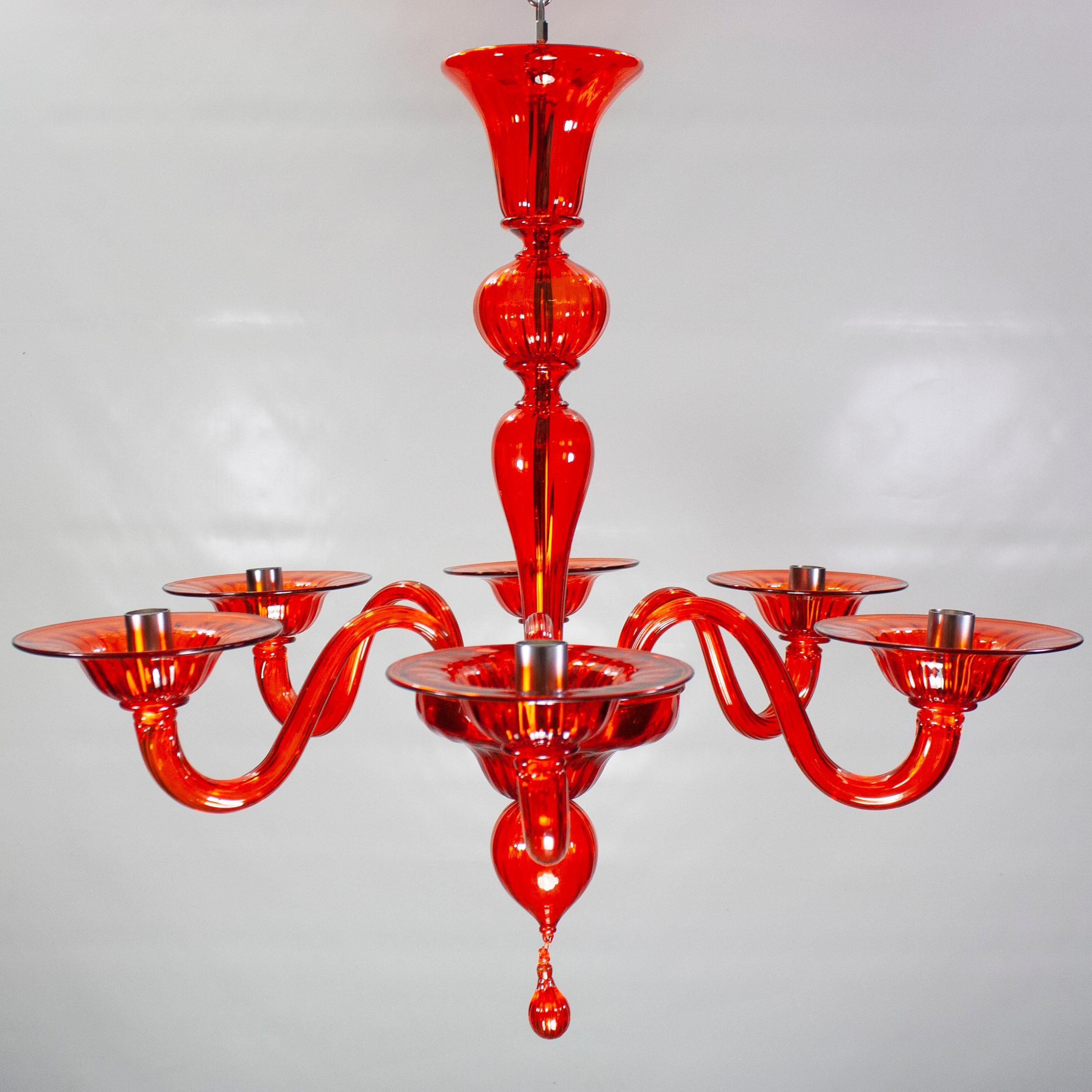 Contemporary 21st Century Chandelier, 6 Arms Orange Murano Glass by Multiforme For Sale