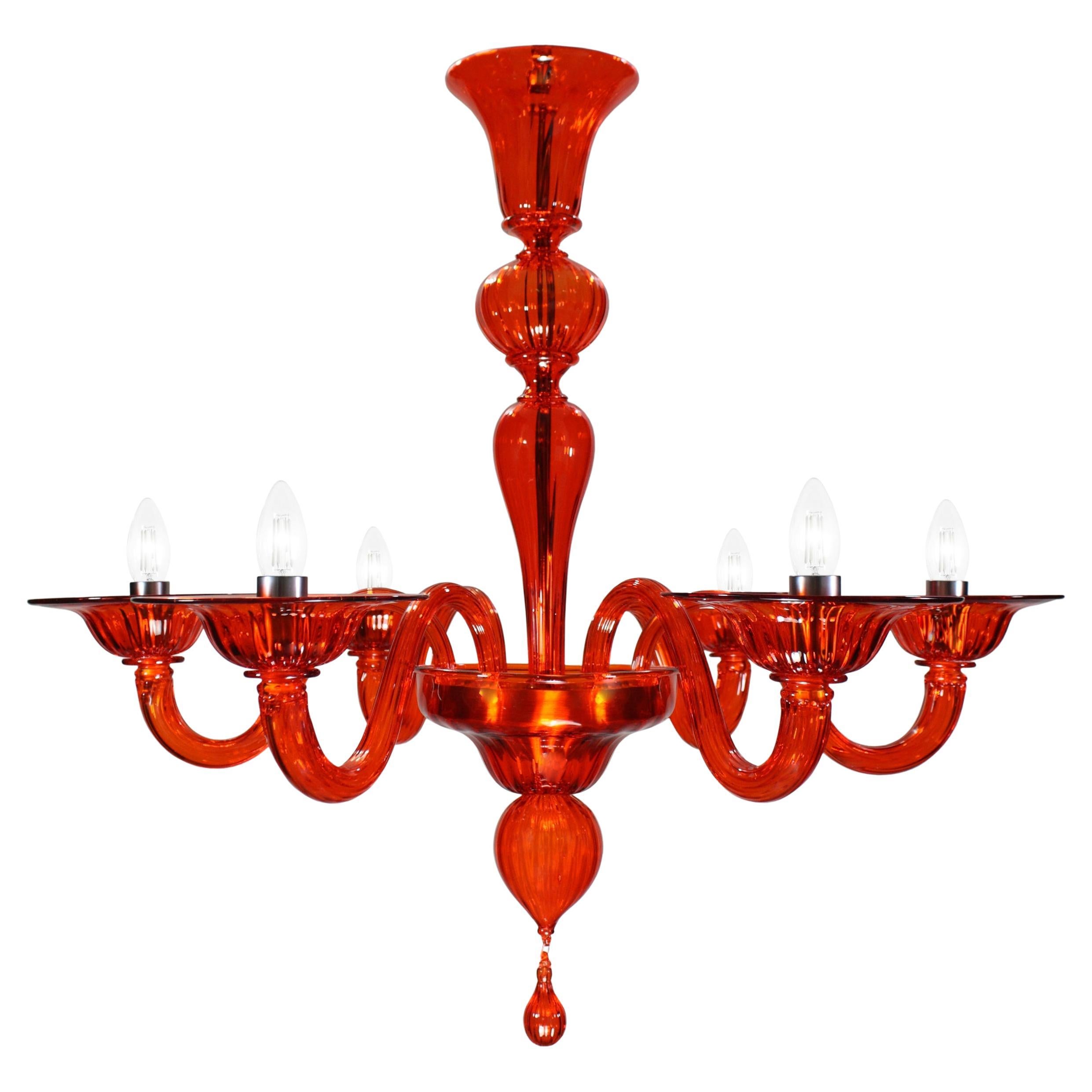 21st Century Chandelier, 6 Arms Orange Murano Glass by Multiforme For Sale